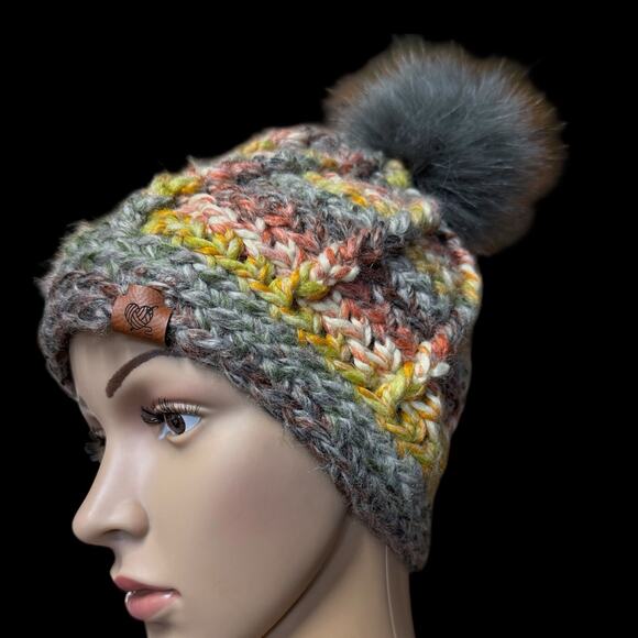 Crocheted by Colleen Handmade Beanie Multicolor Knit Hat Faux Fur Pompom Winter - Picture 1 of 8